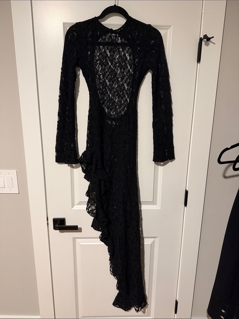 Black Lace High-Low Evening Dress with Open Back and Ruffle Detail